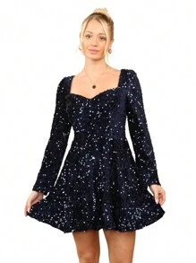 Navy Blue Velvet Sequin Dress – Perfect For Glamorous Evenings - Navy Blue - View 1