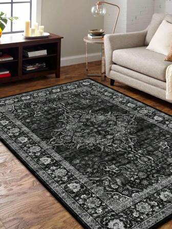 1 pieza Alfombra estilo bohemio retro con fondo negro estampado, hecha de fibra de poliéster con partículas flocadas en la superficie inferior, alfombra de área para el hogar lavable adecuada para la sala de estar, pasillo, mesita de noche, dormitorio, oficina, cocina y decoración de granja