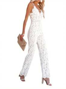 Womens Lace Sleeveless Backless See Through Mesh Hollow Out Ruffle Long Pants Bodycon Jumpsuit Rompers Clubwear - trắng - Xem 2