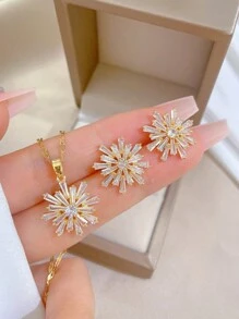 1pc Stainless Steel Chain Micro-Inlaid Zirconia Necklace, Earrings Set Luxury Personalized Jewelry Gift Set, No Gift Box - Gold - View 2