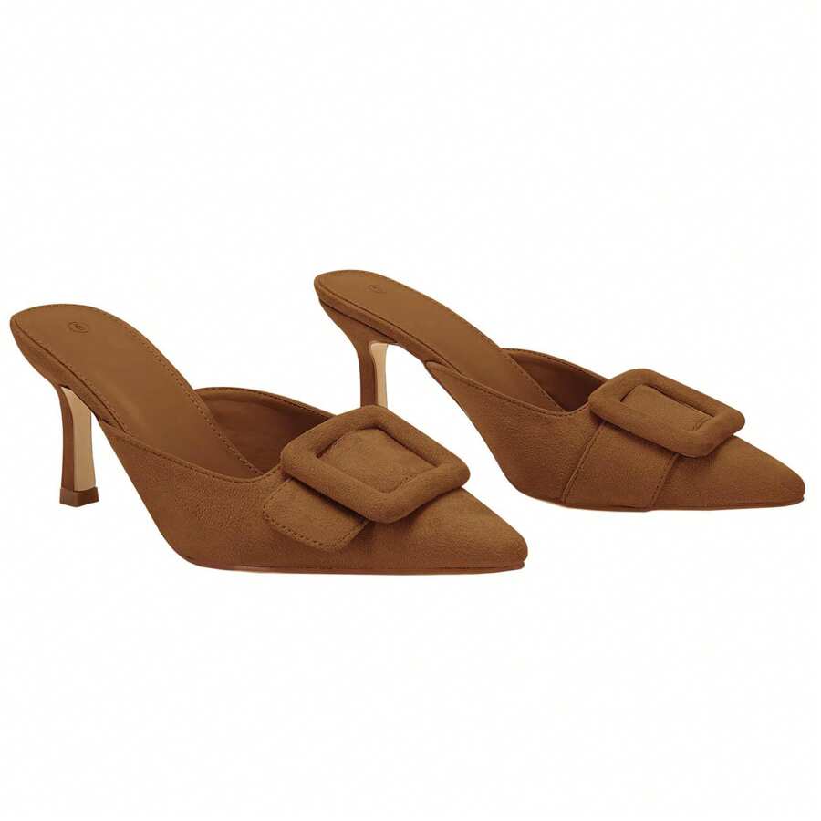 Women's Heeled Mules Shoes – Pointed Toe Suede Buckle Slip On Kitten Heels, Petite-Friendly Leg-Lengthening Dress Shoes For Wedding, Party & Office, Christmas & New Year Gift - 棕色 - 查看 1