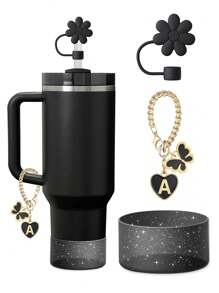 Set de 3 piezas: 1 pieza Tapa de pajita de silicona hexagonal, 1 pieza Marcador de taza con forma de letra/corazón/mariposa, y 1 pieza Funda de taza con purpurina, adecuado para tazas de 30-40 onzas, diámetro de pajita de 9-10 mm, tazas de vidrio con asa, decoración de mariposa rosa linda, regalo para el Día de la Madre