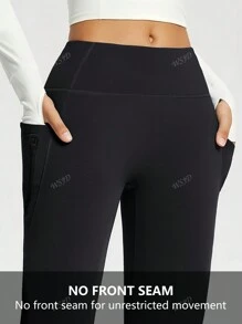 Pantalon de sport avec taille haute élastique et doublure thermique pour femmes grandes tailles. Pantalon de yoga casual sans couture à pattes d'éléphant avec poches zippées, adapté pour l'automne/l'hiver