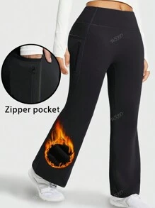 Pantalon de sport avec taille haute élastique et doublure thermique pour femmes grandes tailles. Pantalon de yoga casual sans couture à pattes d'éléphant avec poches zippées, adapté pour l'automne/l'hiver