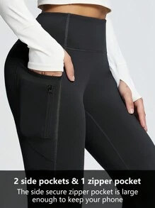 大码女式保暖内衬高腰弹力健身瑜伽运动裤带拉链口袋，休闲无缝喇叭裤，适合秋冬季 - 黑色 - 查看 4