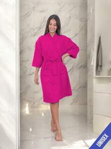 UNISEX WIDE AND LONG BATHROBE EXCELLENT ABSORPTION WITH RIBBON AND POCKETS - Hot Pink - View 6