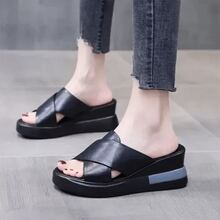 Plataforma Sandalias Zapatos Suave Señora Cuña - Negro - Ver 3