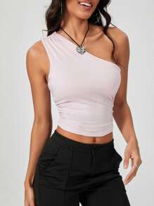 Women Summer Fashion Tank Crop Tops Sleeveless One Shoulder Solid Color/Floral Vest - Hồng - Xem 3