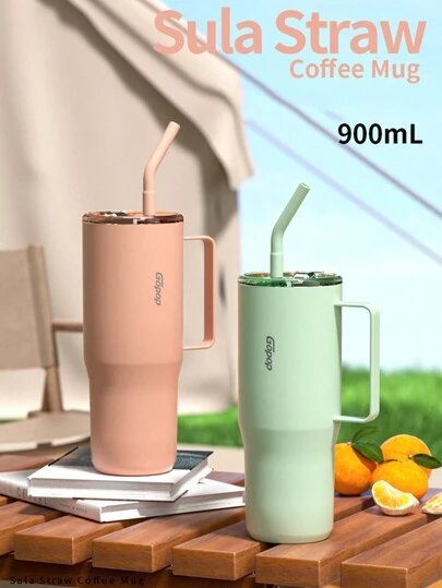 1 件大容量不锈钢车载咖啡杯水瓶带吸管，真空，非常适合露营和运动 - 创意便携返校