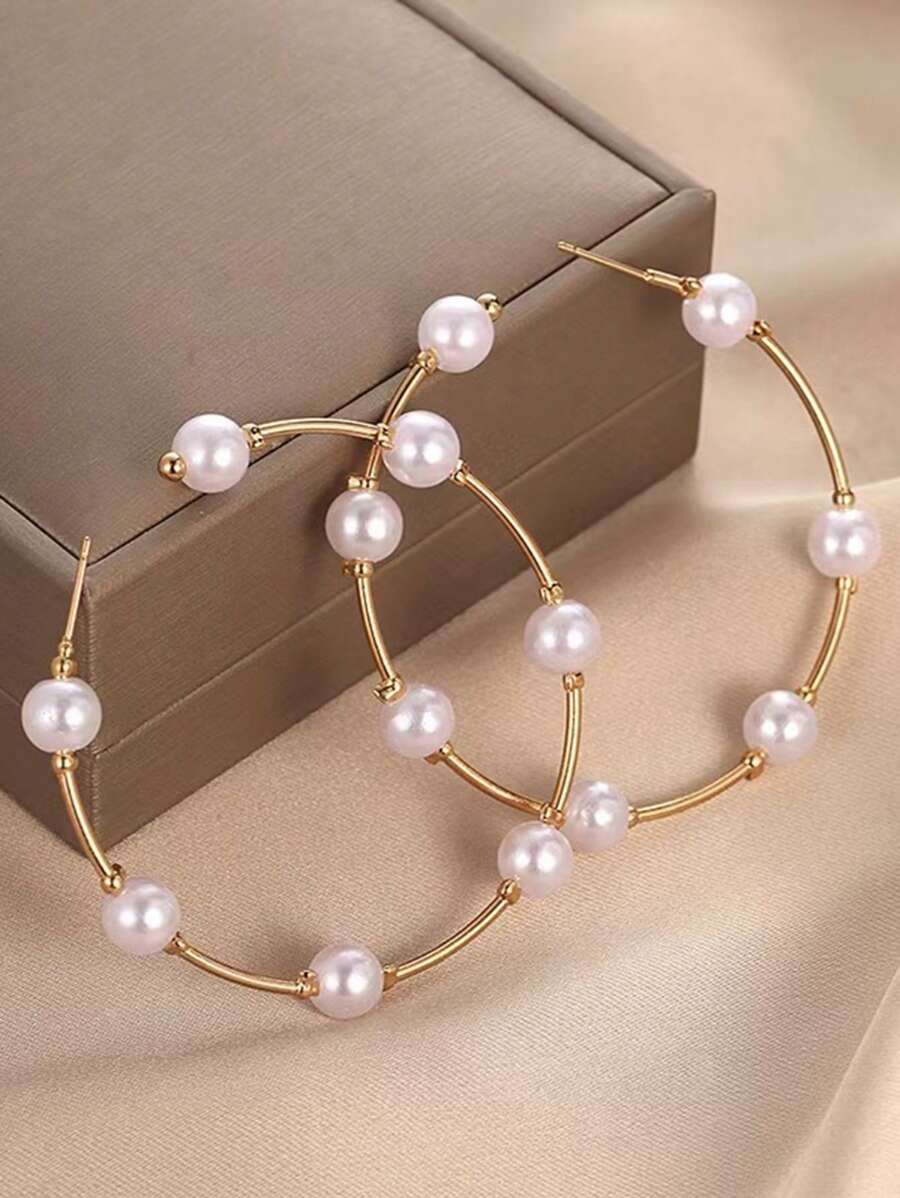 Simple Big Circle Pearl Earrings, Fashionable Personalized Statement Earrings For Women - Gold - View 1