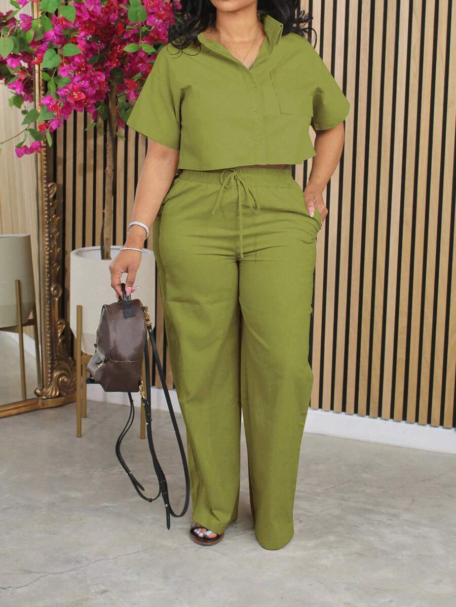 2pcs/Set Linen Casual Outfit, Short Sleeve Shirt Blouse And Wide Leg Pants, Autumn - 軍綠色 - 查看 1