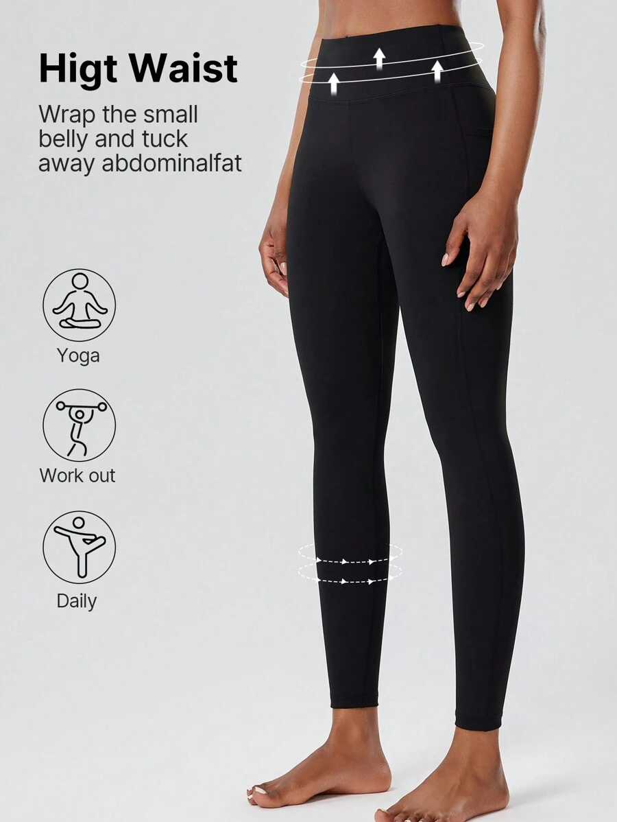 女式高腰弹力提拉紧身瑜伽紧身裤，带侧袋，瑜伽健身运动压缩裤 - 黑色 - 查看 1