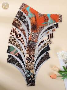7 piezas Bragas de bikini sin costuras suaves con estampado de leopardo para mujer