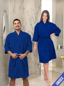 UNISEX WIDE AND LONG BATHROBE EXCELLENT ABSORPTION WITH RIBBON AND POCKETS - 寶藍色 - 查看 5