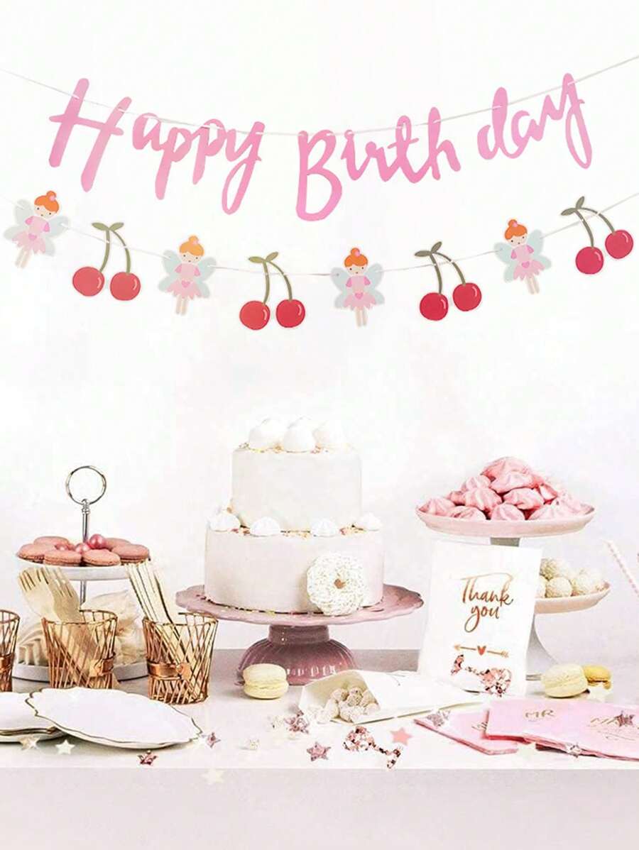 2pcs Party Decoration Banner Fairy & Cherry Themed Happy Birthday Party Hanging Flag - Multicolor - View 1