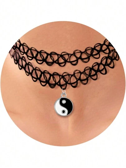 纹身颈链 - 90 年代颈链 女士项链 - 2000 年代黑色颈链 彩虹颈链 - 蝴蝶阴阳独角兽 彩虹吊饰 - 彩色弹力项链