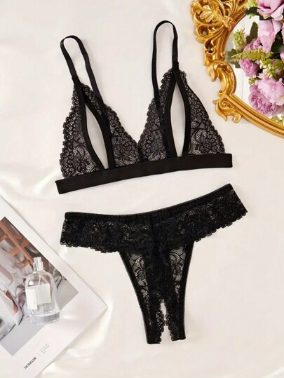 Bloemen Kanten Lingerie Set, Open Cup BH Crotch Thong, Verleidelijke Underwear Sleepwear Baddie Look