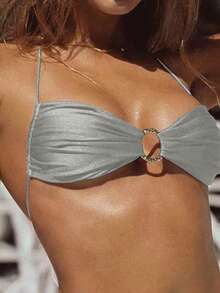 Bộ đồ bơi bikini màu trơn gợi cảm thời trang mới có dây buộc có thể tháo rời cho nữ, dành cho kỳ nghỉ hè ở bãi biển - Màu Xám nhạt - Xem 3