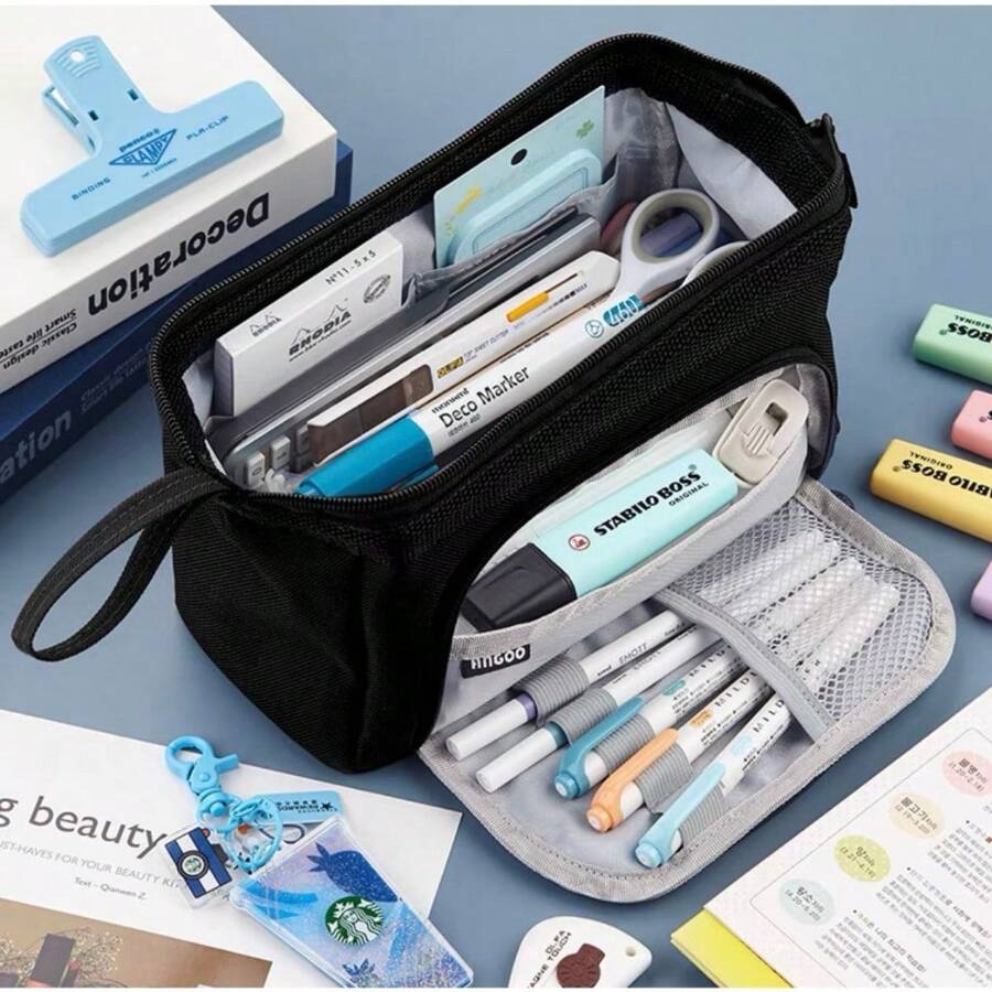 Estojo De Lápis Caneta Esferográfica De Papelaria Bolsa De Armazenamento Portátil De Grande Capacidade 901 - Preto - Visão 1