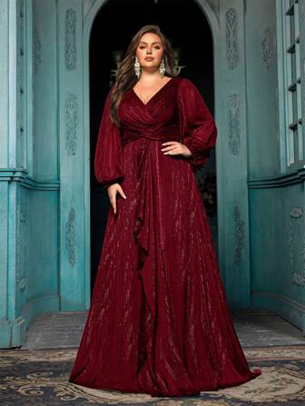 QOQ Premium Feeling Plus Size Party Evening Gown Elegant Women Long Sleeve Formal Dress For Cocktail Party, Galas, Dinner Party, Charity Prom, Formal Events Solid Color Ruffle Lantern Sleeve Long Dress