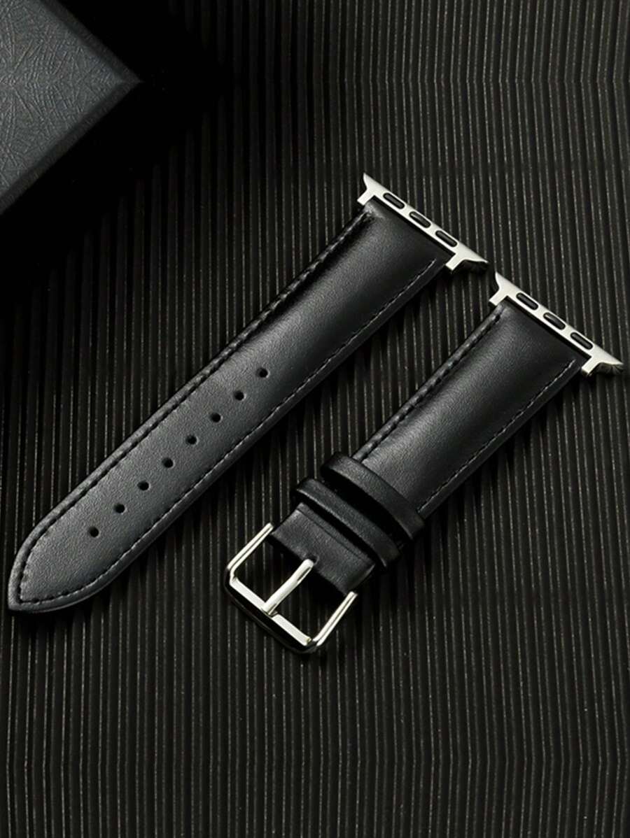 1pc Unisex Black Genuine Leather Watch Band, Compatible With Apple Watch S10 S9 S8 S7 41mm 45mm 46mm Ultra 49mm 44mm 42mm 38mm 40mm, Sporty Minimalist Style, Suitable For Apple Watch Series 11 10 9 SE 8 7 6 5 4 3 2 1, Fashionable Smart Watch Band, Compatible With Apple Watch, Bracelet-Style Band Accessory, Compatible With Apple Watch, Smart Watch Band - Black - View 1