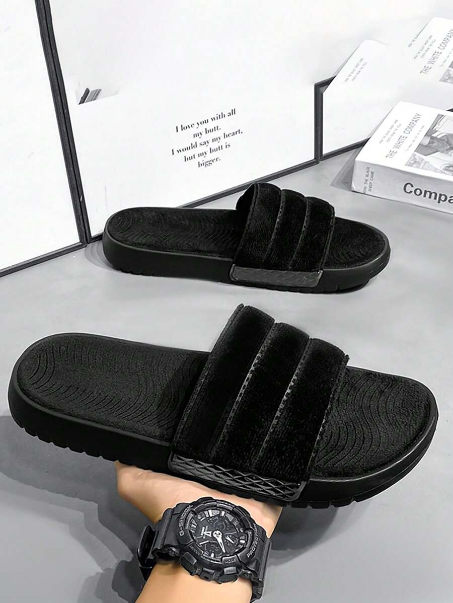 Men's Plush Warm Slippers, Black Fuzzy House Slides, Anti-Slip Thong Sandals, Plus Size - Black - View 1