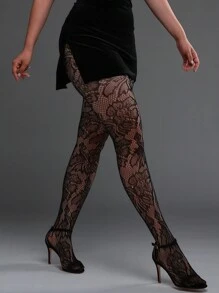 1件大码高弹力花卉网眼打底裤，女士时尚透视紧身连裤袜，性感黑色网眼连裤袜，可搭配连衣裙，圣诞礼物