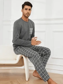 2 pièces Ensemble de pyjama à carreaux gris foncé confortable pour hommes - Top à col ras du cou à manches longues et pantalon, mélange de polyester, vêtement d'intérieur pour hommes toute saison