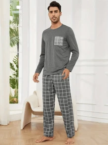 2 pièces Ensemble de pyjama à carreaux gris foncé confortable pour hommes - Top à col ras du cou à manches longues et pantalon, mélange de polyester, vêtement d'intérieur pour hommes toute saison