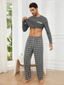 2 pièces Ensemble de pyjama à carreaux gris foncé confortable pour hommes - Top à col ras du cou à manches longues et pantalon, mélange de polyester, vêtement d'intérieur pour hommes toute saison