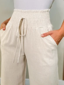 PANTS WITH ELASTIC WAIST LINEN AND COTTON - trắng - Xem 1