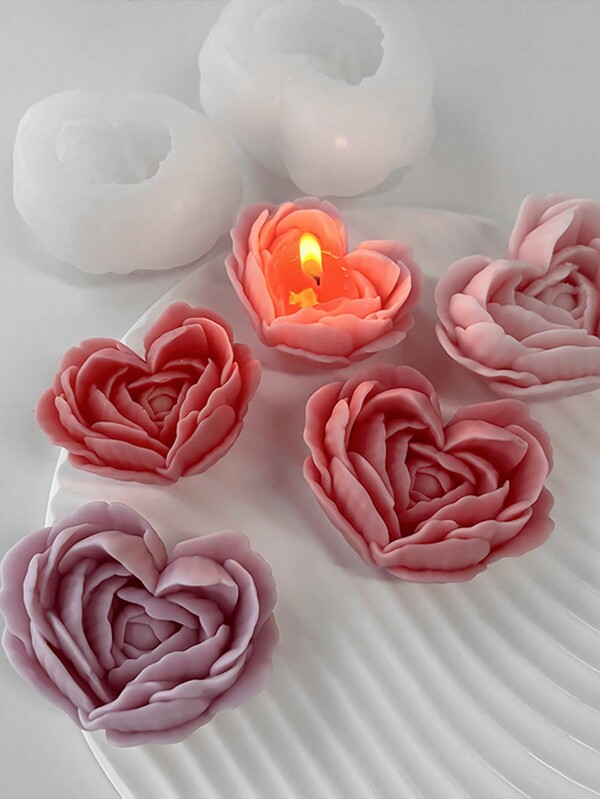 1 pieza Molde en forma de corazón y flor, molde de silicona para hacer jabón perfumado con flor de rosa hecho a mano, resina, yeso o vela