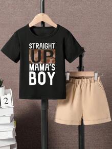 Conjunto de top de manga corta con estampado gráfico de paisaje y shorts tejidos para niño preadolescente
