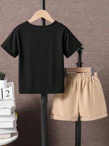 Conjunto de top de manga corta con estampado gráfico de paisaje y shorts tejidos para niño preadolescente
