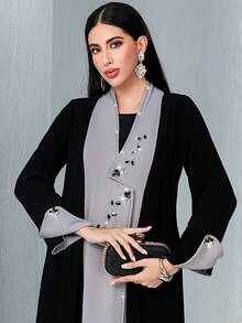 Muslim Women's Open Front Long Robe, Black & Gray Patchwork Handmade Crystal Embellished Abaya,Modest - Black - View 2