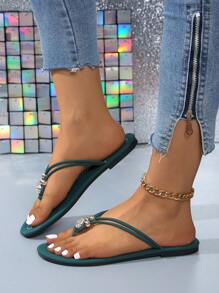 女士凉鞋。趾环凉鞋。时尚人字拖。趾柱拖鞋。女士一脚蹬拖鞋。圆头金属扣。水钻装饰平底人字拖 - 綠色 - 查看 6