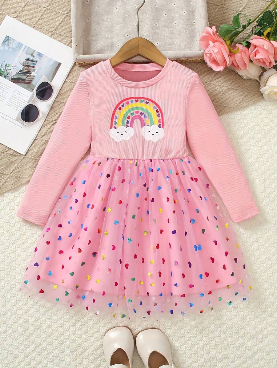 Young Girl Fashionable & Cute Princess Dress With Rainbow & Heart Print Mesh Skirt, Spring/Summer 2025 New Arrival - Pink - View 1