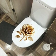 1pc Golden Rose Creative Toilet Sticker, Self-Adhesive Bathroom Home Decor Wall Sticker, Door Sticker, Refrigerator Sticker, Window Sticker, Toilet Sticker, Beautiful Home Decor, Room Decor, Beautify Your Home Bathroom Decor Summer