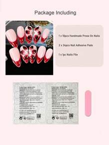 10片手工3D立体花朵杏仁形美甲贴片，红色，按压式美甲贴片，日常佩戴美甲配件，适合女性和女孩的美甲用品，手工按压式美甲贴片 - 彩色 - 查看 5