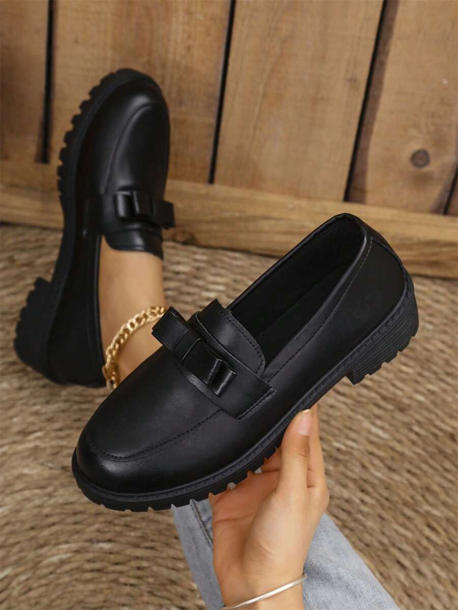 Mocasini cu toc gros, în stil britanic retro, papuci pentru femei - Negru - Vizualizare 1