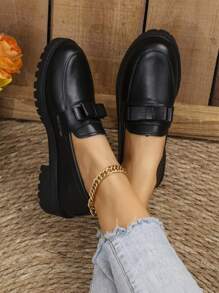 Mocasini cu toc gros, în stil britanic retro, papuci pentru femei - Negru - Vizualizare 2