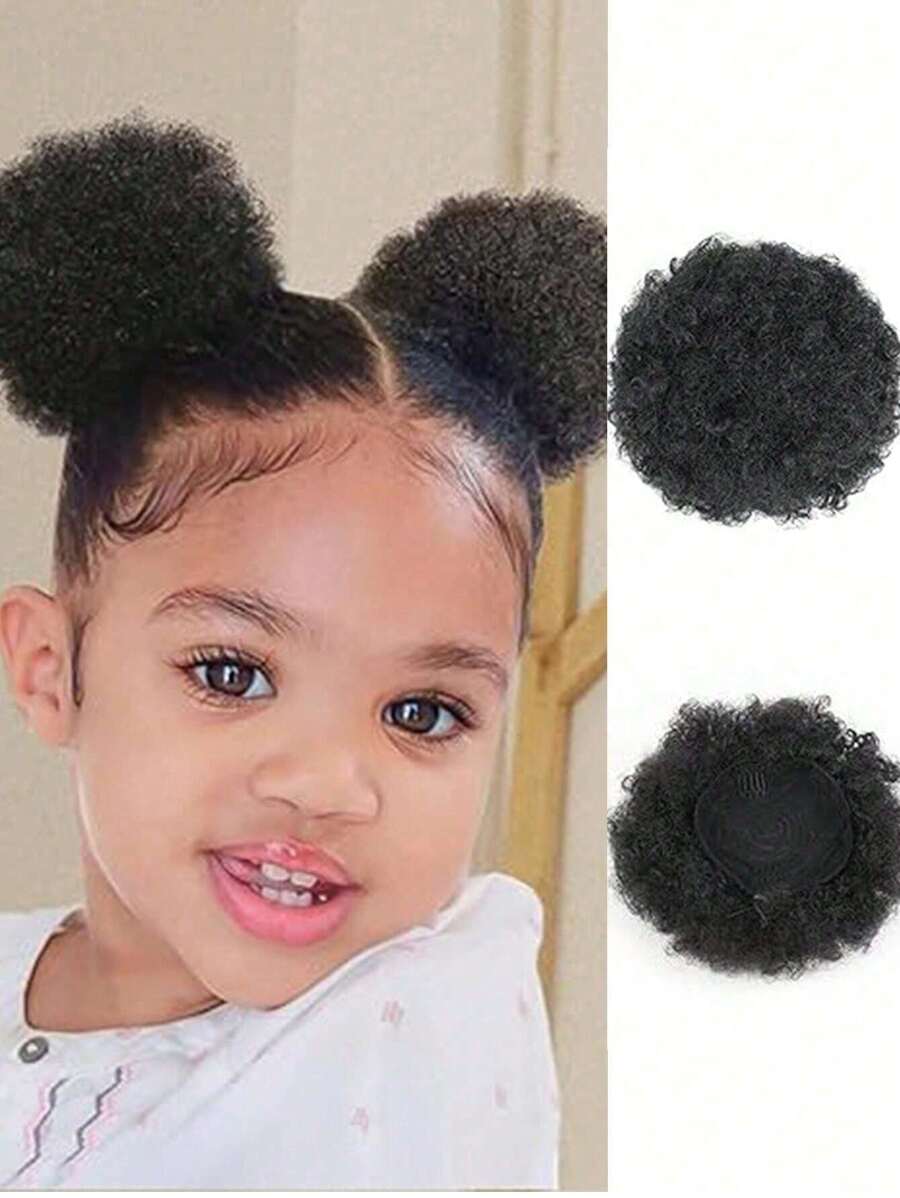 Tóc đuôi ngựa xoăn xoăn Afro 4 inch - 10 inch Tóc giả tổng hợp tóc búi ngắn, tóc giả búi cao cho bé gái, trẻ em, tóc búi tổng hợp cỡ nhỏ - màu đen - Xem 1