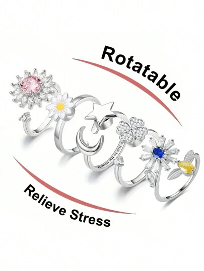 1Pc Female Decompression Ring Rotatable Opening Adjustable Finger Ring Relieve Anxiety Gift, Moon Star
