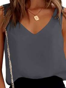 Women Elegant Satin Silk Tank Vest,Sleeveless V Neck Solid Loose Summer Ladies Tops For Casual Daily - Grey - View 3