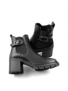 Bottes  courtes à talon épais, semelle souple, style mode femme. Talons hauts pour le printemps et l'automne - Noir - Voir 5