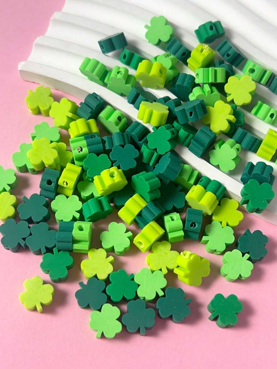 100 件/包时尚绿色三叶草聚合物粘土珠，适合手链和项链 DIY（款式随机） - 綠色 - 查看 1