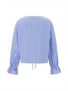 Womens Tie-Up Front Tops Long Sleeve V Neck Plaid Print Shirts Blouses With Heart Pockets - màu xanh nhạt - Xem 5