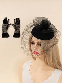 1pc Women's Vintage Red Rose Mesh Fascinator Hat, Fashionable Mesh Gloves, For Evening Party Modeling Show Performance And Decoration Valentine's Day Valentines