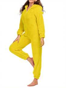 Women Thick Plush Sleeping Romper With Bear Ear Hat, Long Sleeve Zipper Hooded Jumpsuit For Autumn, Winter - 黃色 - 查看 2