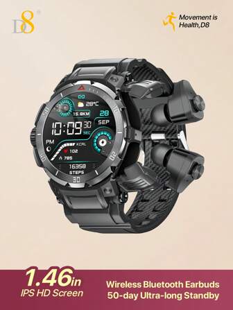 D8 Smart Watch With Earbuds For Men Women, 1.46" HD Touch Screen, 9D Sound Effects, 110+ Fitness & Sleep Monitor, Recording Microphone, New Design Style(Call Receive/Dial), Message Notifcation, Android Phones And IOS Compatible With Outdoor Activities And Fitness Enthusiasts Holiday Gift Valentine's Day Gift Christmas Gifts, Must-Haves For Autumn And Winter Holiday Camping